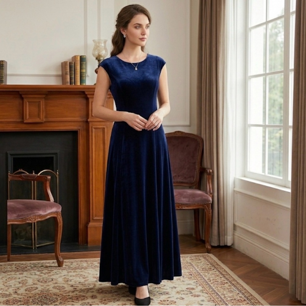 Vtg 90s Amanda Smith Navy Blue Stretch Velvet Maxi Dress Cap Sleeve Sz 10 Goth